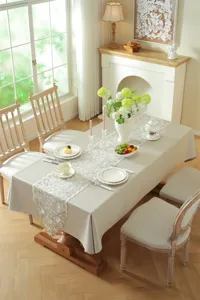 Elegant white and gold star moon lace embroidered table runner and tablecloth for home decor.