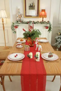 Weihnachten roter Tischlaeufer Baumwolle Leinen karo festliche Esstisch Dekoration