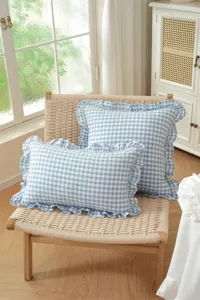 Detailed view of blue and white checkered pillow with elegant ruffled edge in cozy room.