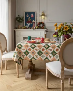 Vintage Christmas tablecloth jacquard polyester cotton rectangular holiday table cover detail view