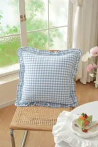 French pastoral blue white checkered ruffle pillow cover, cozy sofa bed decorative cushion case.