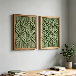Peinture décorative tissée en corde de coton style nordique avec cadre bois pour mur et table.
