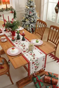 Runner da tavola natalizio jacquard poliestere decorazione tavola festiva con nappe cervo.