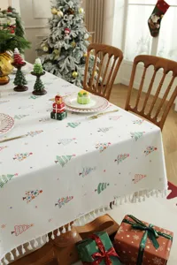 Mantel rectangular con flecos estampado con árbol de Navidad decoración mesa de fiesta tela.