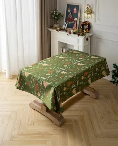 Retro Christmas tablecloth, green jacquard fabric with trees and gifts, ideal for dining.