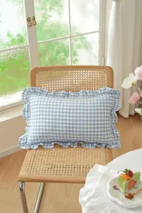 Close-up detail of blue and white gingham throw pillow with charming ruffles in pastoral setting.