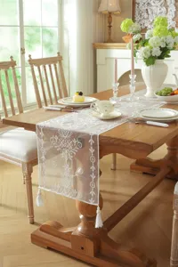 White lace table runner floral embroidered tassel decor for dining table and wedding