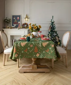 Christmas green jacquard rectangular tablecloth detail, festive holiday table decor style view.