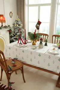 Mantel con estampado de arbol de navidad y borlas, mantel rectangular decorativo de tela.