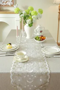 Detailed scene of white and gold celestial star moon lace table runner on elegant dining table decor.