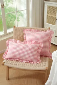 French pastoral pink plaid throw pillow cover with cute ruffles for sofa bed bedroom decor.