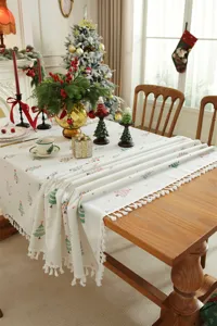 Mantel rectangular con flecos estampado de arbol de navidad decoracion de mesa de comedor