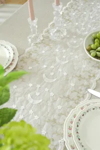 Elegant white and gold star moon lace table runner for dining table home decoration