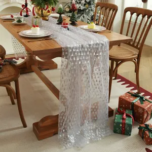 Christmas Table Runner Mesh Lace White Silver Stamped Christmas Tree Snowflake Pattern Holiday Dining Room Decoration Tablecloth Overlay Cover