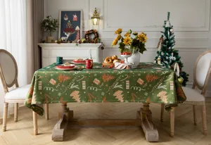 American vintage Christmas tablecloth, green holiday jacquard fabric with festive tree patterns.