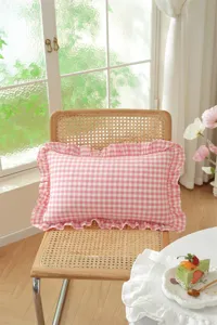 French pastoral pink plaid ruffle throw pillow cover cotton cushion for sofa bed decor