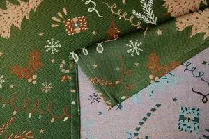 Vintage Christmas jacquard tablecloth fabric with trees and snowflakes for dining table decor.