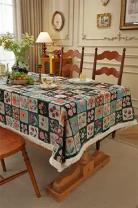 Mantel rectangular de jacquard con flores estilo vintage americano y flecos de algodón