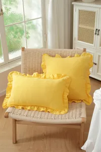 French pastoral yellow ruffled throw pillow cushion, ideal for sofa and bedroom decor.