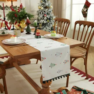 Corsia da tavola in cotone e lino stampata albero di Natale con nappe per decorazione.