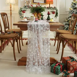 White mesh lace Christmas table runner with gold stamped trees, elegant dining decor cloth.
