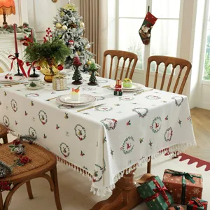 Mantel Rectangular de Mezcla de Poliéster y Algodón de Navidad Nórdica Estampado Con Patrón de Árbol de Navidad Guirnalda Cubierta de Mesa de Tela Con Bordes de Borla Para Comedor Vacaciones Decoración del Hogar Fiesta Mantel