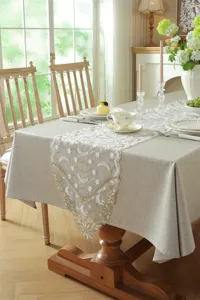 White gold star moon lace embroidered table runner with wave edge for home decoration.