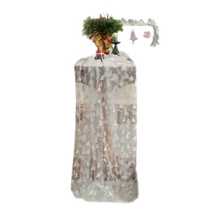 White mesh Christmas tree lace table runner, silver printed holiday dining decor cloth.