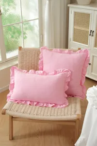 Pink cotton ruffle throw pillow detail, French pastoral style home decor cushion close up