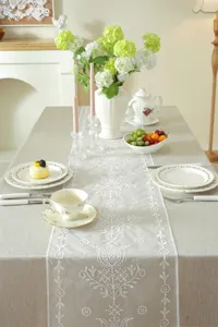 White lace table runner floral geometric design for wedding home decor detail