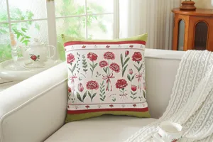 Close-up view of the vintage jacquard floral pillow cover on a cozy sofa, home decor.