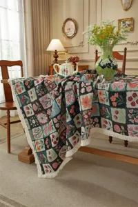 Mantel vintage americano de poliéster algodón jacquard floral flecos rectangular decorativo