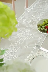 White lace table runner with elegant floral embroidery for dining room and wedding decor detail.