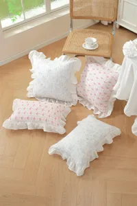 French ruffles cotton bow throw pillow cover for sofa bedroom bed aesthetic home decor detail.