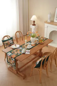 Detail view of Easter table runner and cushion with festive rabbit carrot jacquard design.