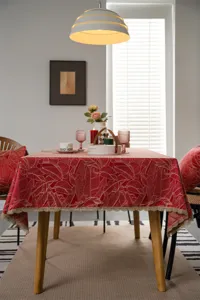 Red gold leaf jacquard tablecloth for wedding and new year celebration decor detail view