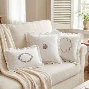 French Vintage Lace Embroidered Throw Pillow Ruffle Washed Cotton Cushion Cover Decorative Bedding Pillowcase For Home