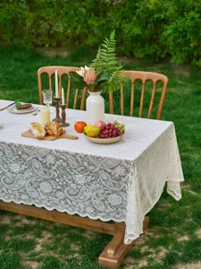 Outdoor French wedding lace tablecloth, romantic floral table cover for dining and decor.