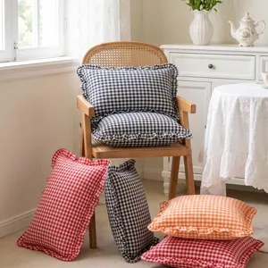 French pastoral checkered pillow detail, cotton fabric with cute ruffles for sofa bed decor.