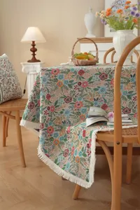 Nappe jacquard florale rétro américaine avec franges pour la table à manger et salon.
