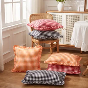 French pastoral gingham ruffle throw pillow cover cotton plaid decorative cushion case soft