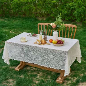 French lace tablecloth for dining table, wedding decor, vintage floral white fabric.