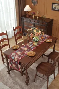 American vintage jacquard table runner red floral dining room decor retro aesthetic