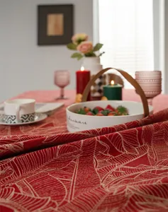 Festive red jacquard tablecloth with gold leaf patterns for wedding and New Year dining room decor.