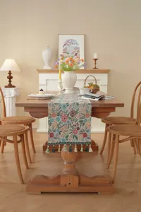 Amerikanischer Vintage Blumen Tischläufer mit Quasten, gewebter Jacquard Schal für Heimdekoration.