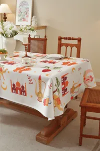 Polyester Tischdecke mit orientalischem Schloss und Palmen Motiv fur Esszimmertisch.