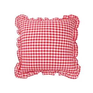 Red white gingham pillow with ruffles, french pastoral cotton checkered cushion for home decor.