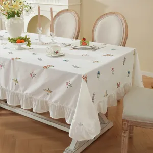 Cotton Embroidered Floral Tablecloth Ruffled Lotus Leaf Edge Round Rectangle Table Cloth For Home Kitchen Dining Room Decor