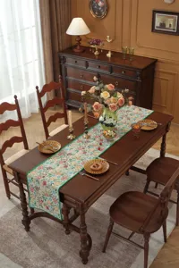 American retro style table runner with elegant floral jacquard design, perfect dining room decor.