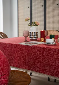 Red gold jacquard tablecloth festive dining table cover with lace edge waterproof design